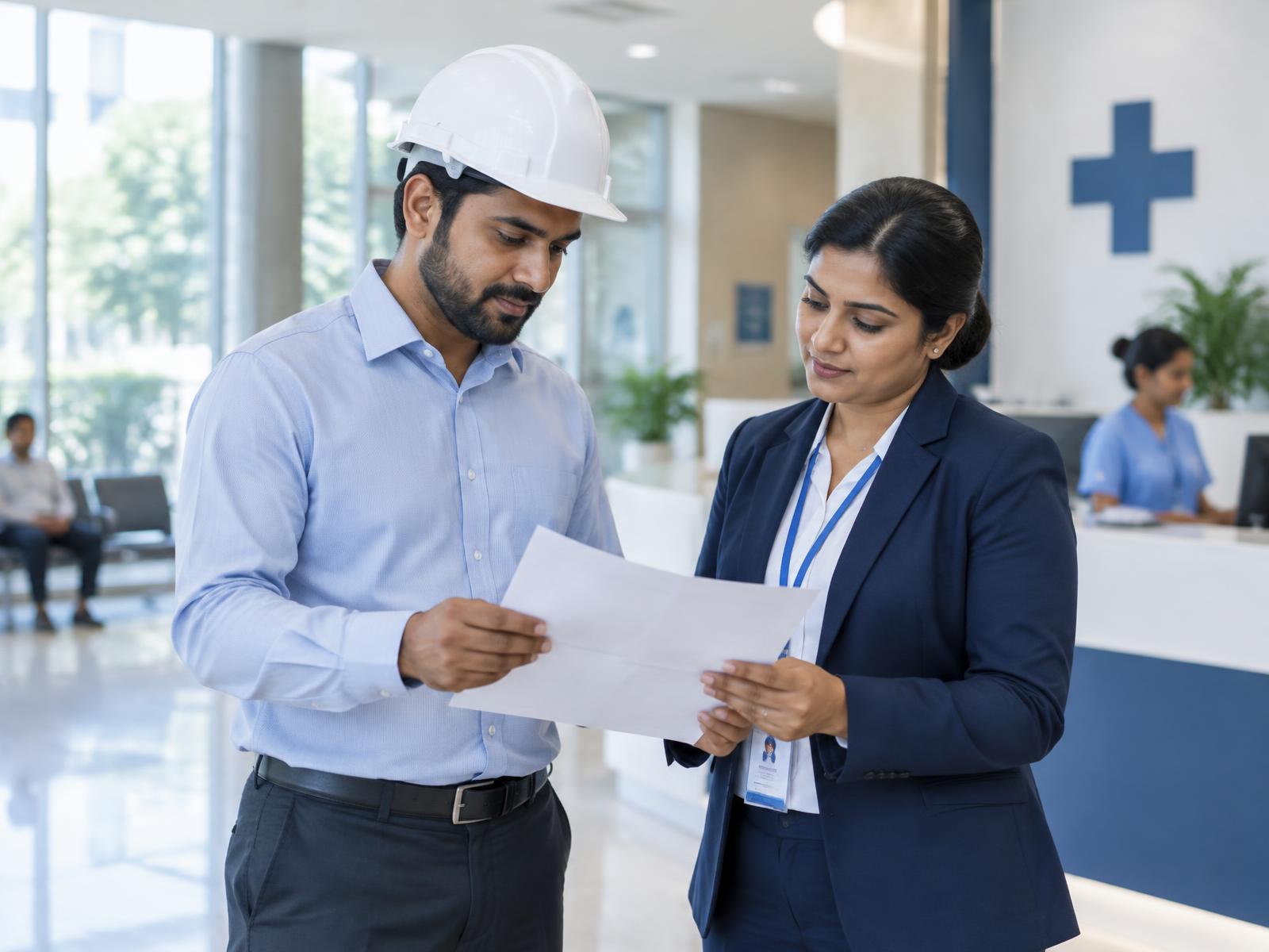 An L&T employee reviewing mediclaim enrolment documents with a hospital administrator